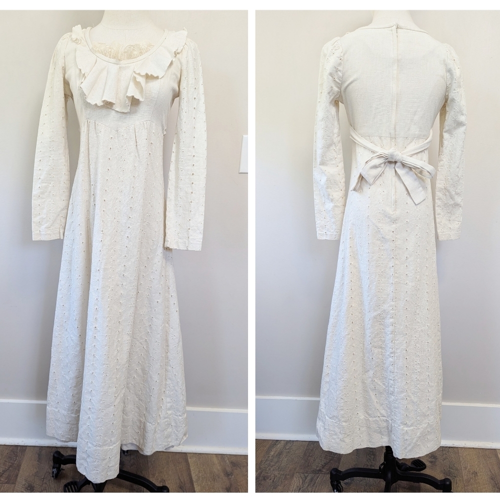 Vintage 70s Ruffle Eyelet Maxi Dress Prairie Cottage‎ Boho Victorian